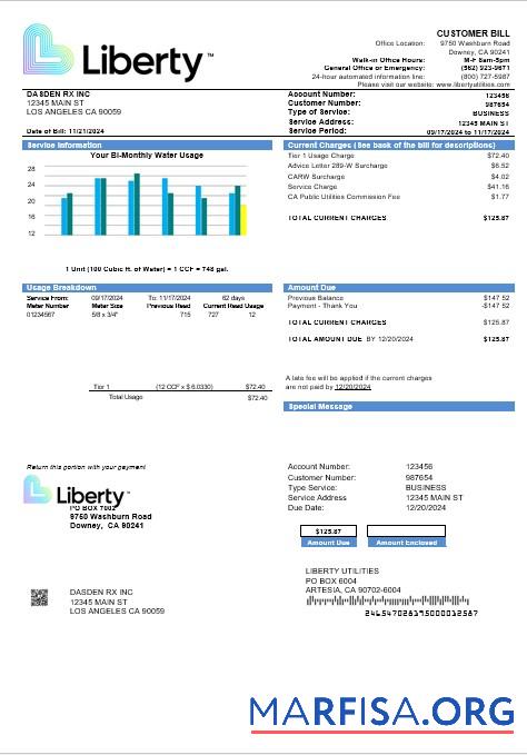 Realistic USA California Liberty Utilities business utility bill template in Word and PDF formats
